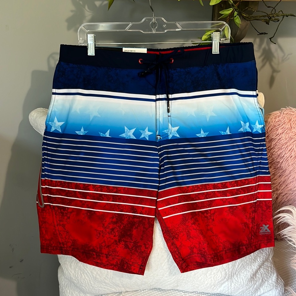 Swim Trunks Stars Stripes Red White Blue Drawstring Waist Mens Large Shorts UV
